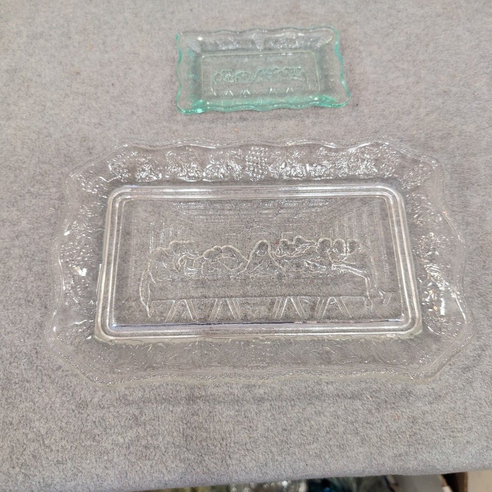 Tiara Indiana Glass Last Supper Bread Tray and Trinket Dish Set Clear Green - Picture 1 of 7